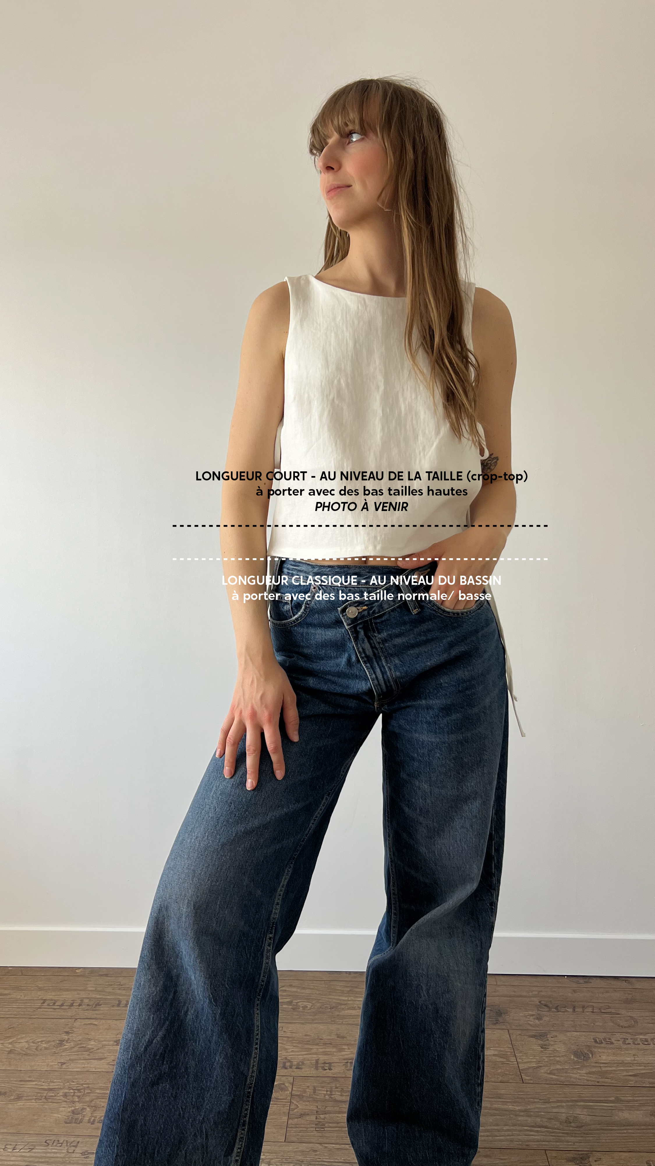 haut douceur en lin blanc porté avec un jean, guide des tailles