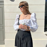 Jupe Angèle tailleur gris ALBA et blouse Gisèle popeline blanc – look parisien chic