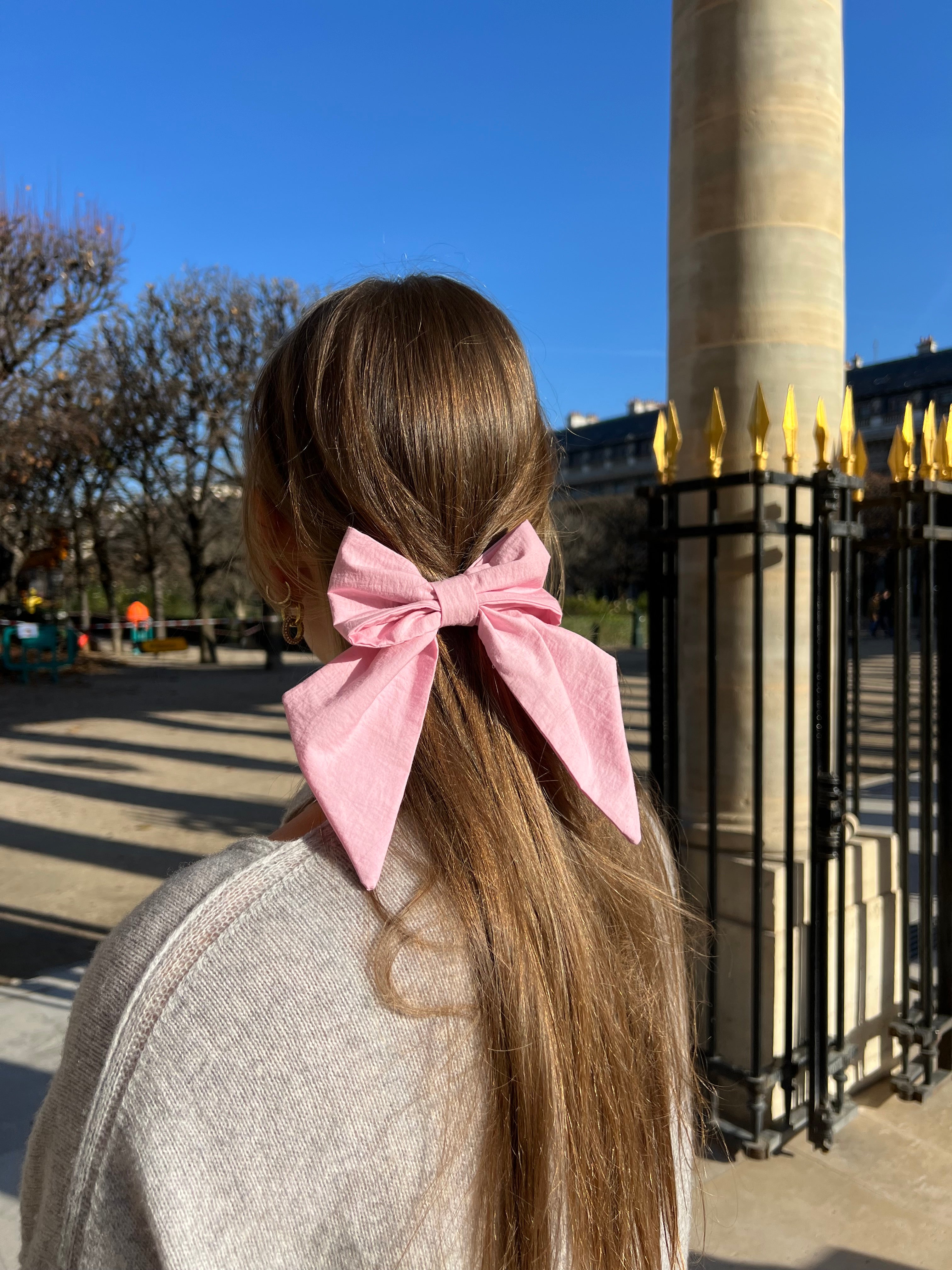 Noeud à cheveux, popeline rose, barette