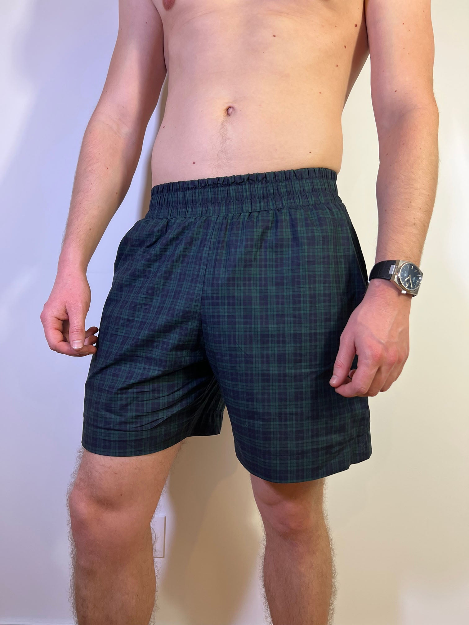 Short en popeline vert à carreau homme, ceinture élastiquée avec poches